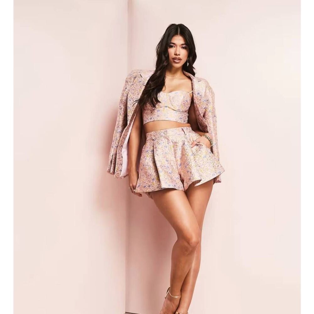 ASOS LUXE Jacquard Blazer, Shorts(sz.0) and Bralette(2) in pink floral, NWT